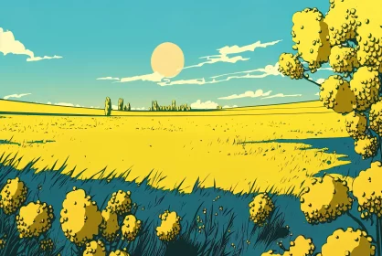 Yellow Prairie Field under Blue Sky in Graphic Novel Art Style
