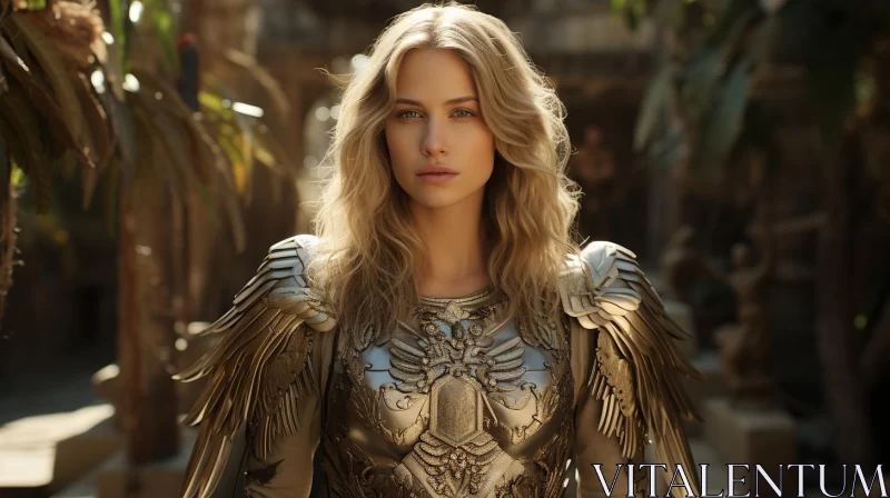 Angelic Armor: A Beautiful Blonde Woman in Sterling Silver Armor AI Image