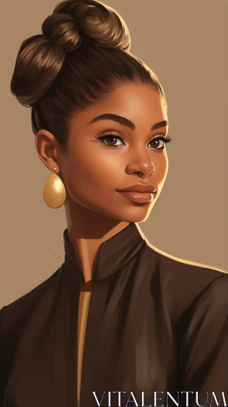 Anime Style Portrait of African American Woman with Gold Earrings AI Image