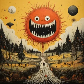 Surreal Sun Smile in the Wild Woods - Satirical Drip Painting AI Image