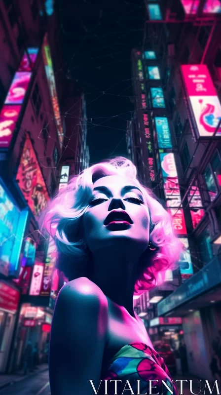 Hong Kong Model in Neon-Lit Cityscape: A Blend of Modern and Retro Glamour AI Image
