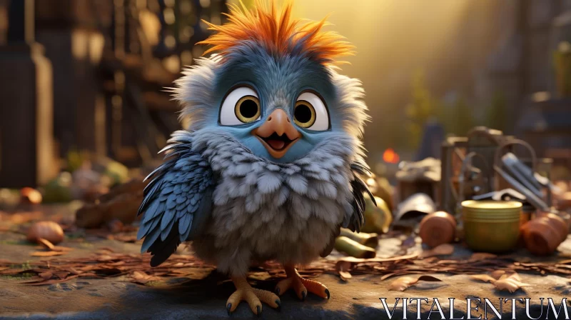 Angry Bird with Blue Hair in Adventure Setting AI Image