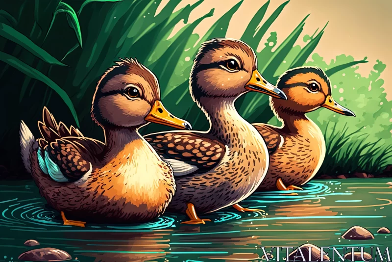 Detailed Character Illustrations of Three Ducks on Water AI Image