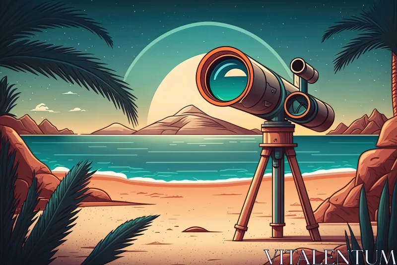 Retro Beach Scene with Telescope and Exotic Landscape AI Image