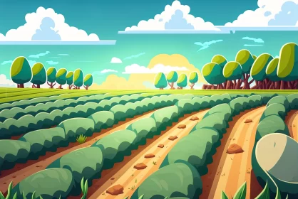 Animated Farmer's Field - A Colorful Cartoon Illustration AI Image