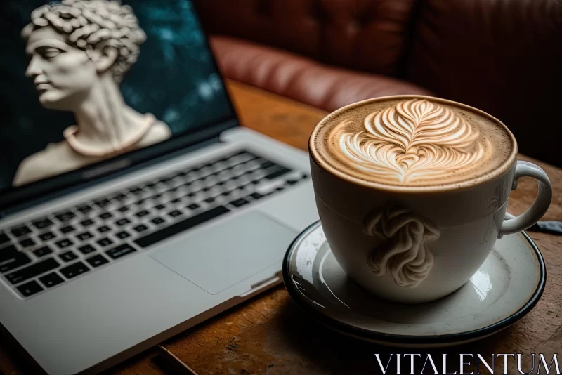 Art Deco-Inspired Coffee Scene with Laptop and Mythology Elements AI Image
