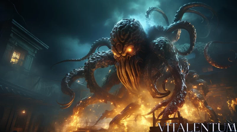 Burning Octopus Monster Soaring Over Early Art Style City AI Image