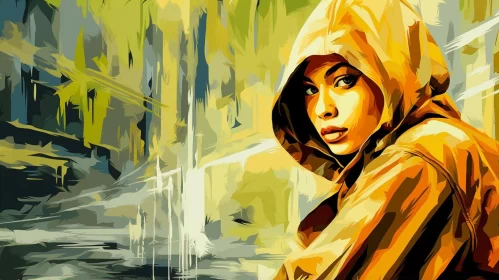 Captivating Golden-Hued Painting of Woman in Hoodie