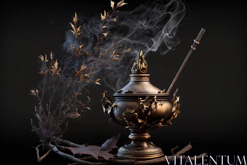 Gold Cauldron with Smoke and Intricate Foliage - A Magical Still-life AI Image