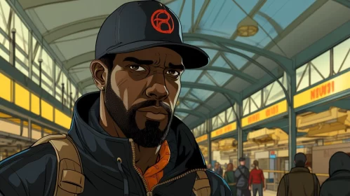 Intriguing Cartoon Portrait of African Man at Train Station AI Image