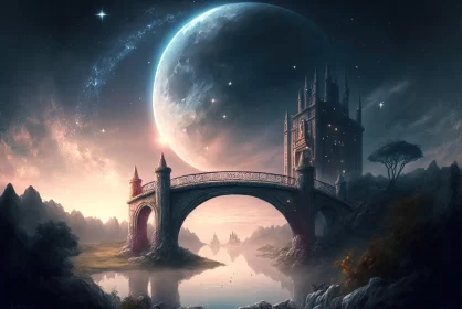 Moon Bridge in a Fantasy Landscape Artwork AI Image