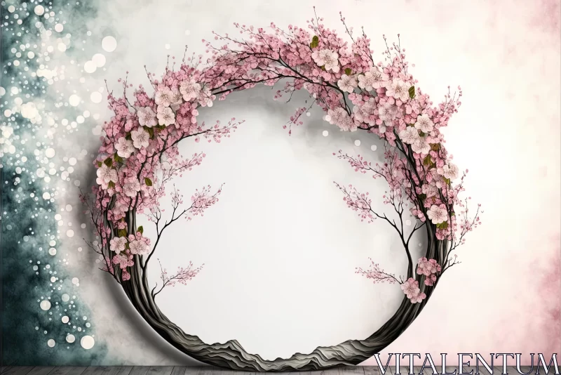 AI ART Mysterious Sakura Tree in Round Frame - 3D Landscape Art