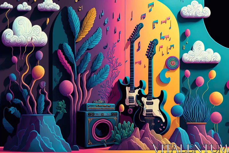 Psychedelic Digital Art: The Symphony of Guitar and Drum AI Image