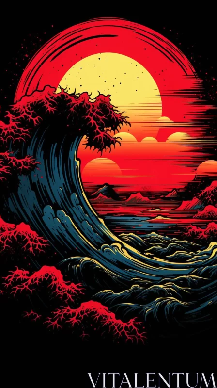 AI ART Sunset Ocean Wave: A Blend of Pop Art and Japanese Neo-traditional