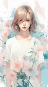 Anime Art - Portrait of Girl with Bouquet
