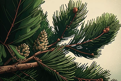 Pine Tree Branch in Detailed Illustrative Style AI Image