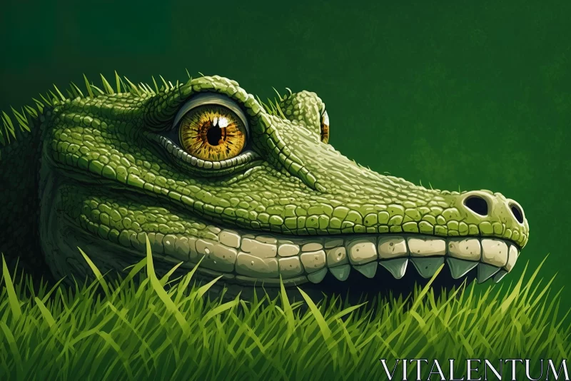Charming Alligator Illustration in Grass with Yellow Eyes AI Image