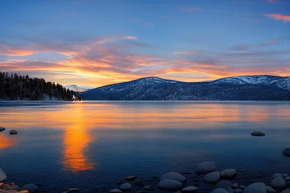 Sunset at Lake Tahoe: Panoramic Landscape with Cold Atmosphere AI Image