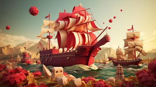 Surreal Maritime Scene: Red Ship and Orange Boats AI Image