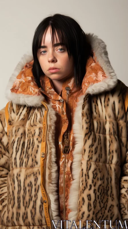 AI ART Woman in Leopard Print Coat: A Studio Portrait in Beige and Orange