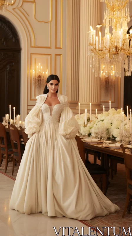 Elegant Bride in Kimkari Wedding Dress Amid Extravagant Settings AI Image