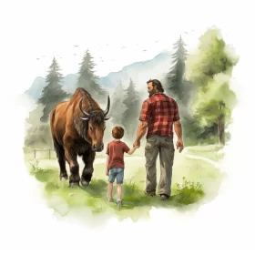 Family and Bison in Forest - Villagecore Illustration AI Image