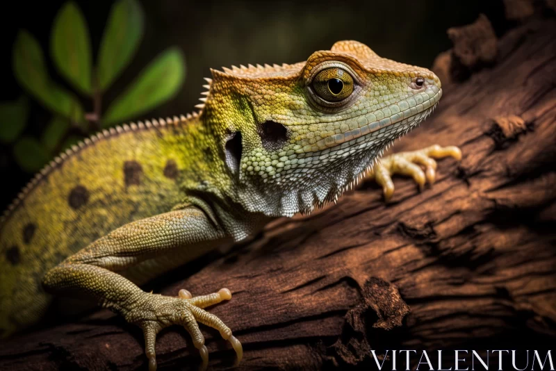 Green Lizard on Tree Branch: A Portrait in Nature AI Image