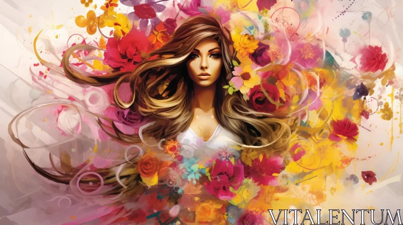 Elegant Woman Surrounded by Vibrant Flowers - An Airbrush Artwork AI Image