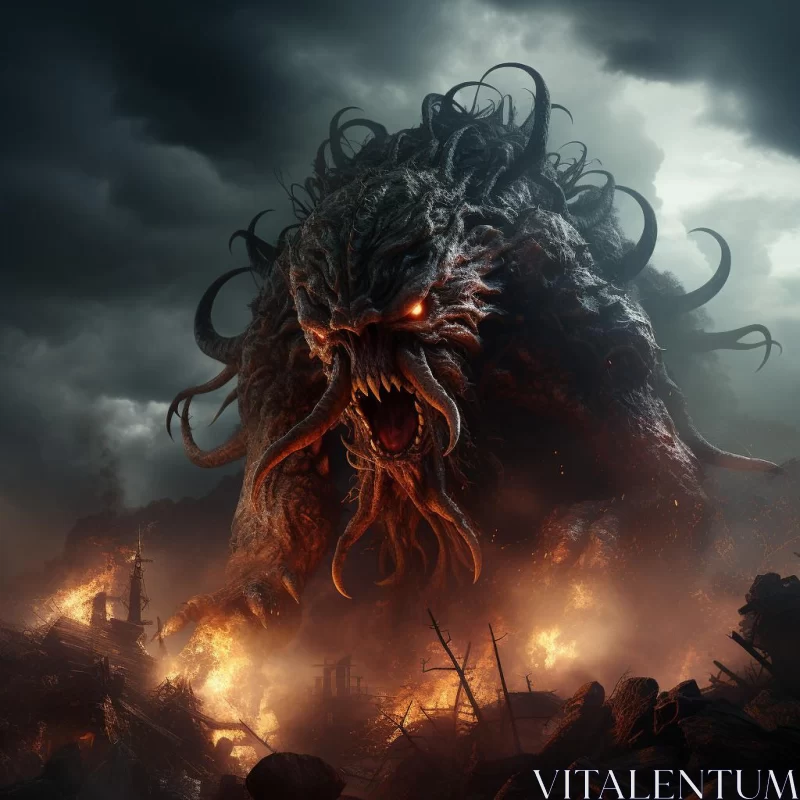 Infernal Monster Amidst Fire and Thunder AI Image