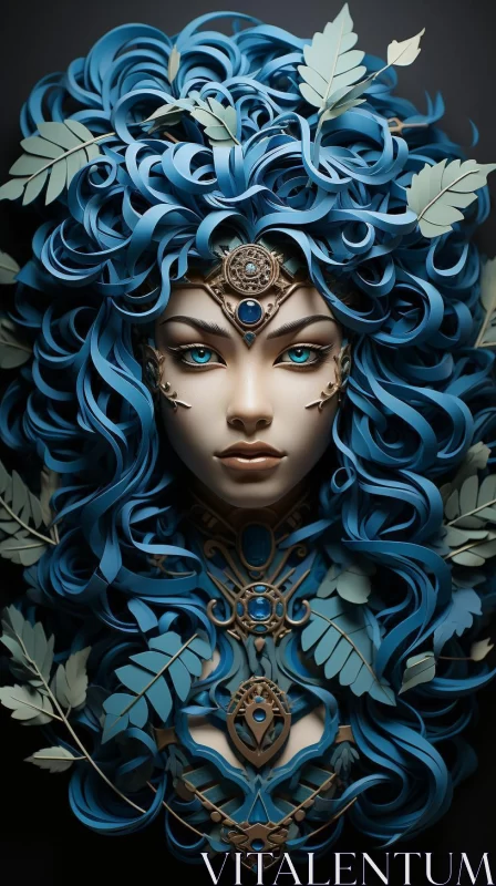 Fantastical Blue-Haired Woman with Celtic Art Influence AI Image