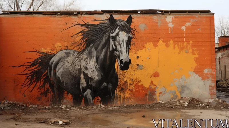 Graffiti Mural of a Horse on a Weathered Building AI Image