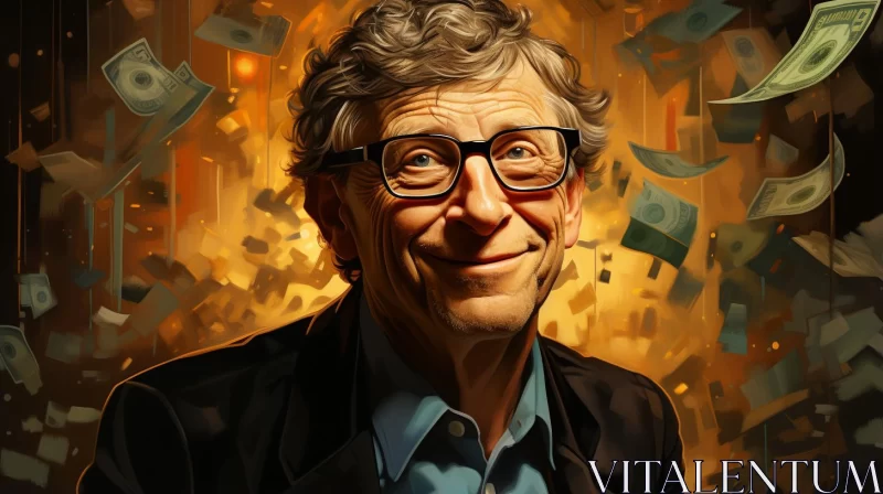 AI ART Bill Gates Smiling Amidst Falling Money - A Neo-Expressionist Caricature