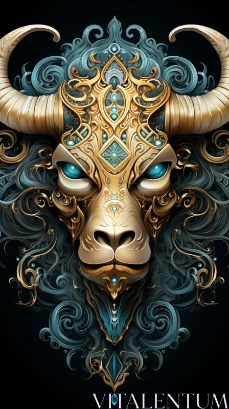 AI ART Ornate Bull Head Illustration in Gold and Azure