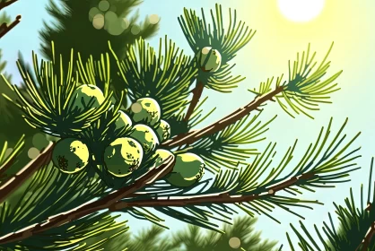 Pine Tree Branch Illustration Art with Luminous Spheres AI Image