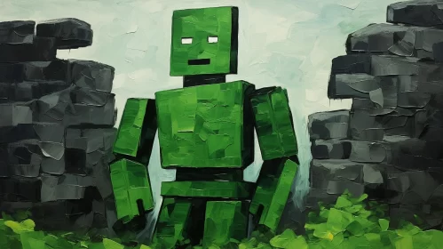 Rustic Figurative Green Minecraft Robot Artwork
