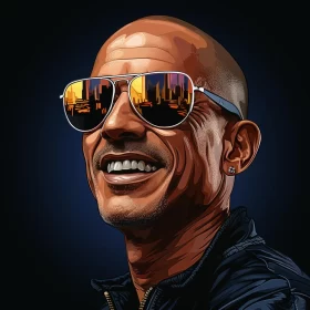 Smiling Man with Sunglasses and City Skyline - Art Print AI Image