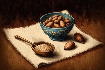 2D Game Art Style Still Life - Bowls of Almonds on Cloth AI Image