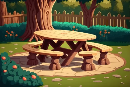 Cartoon Picnic Table in Forest - Intricate Woodwork and Warm Palette