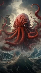 Crimson Octopus in Stormy Sea - Mural Art AI Image