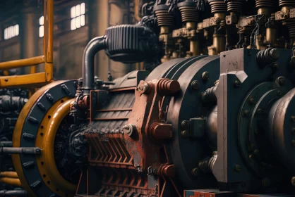 Industrial Gas Engine: A Fusion of Rustic Futurism and Vintage Aesthetics AI Image