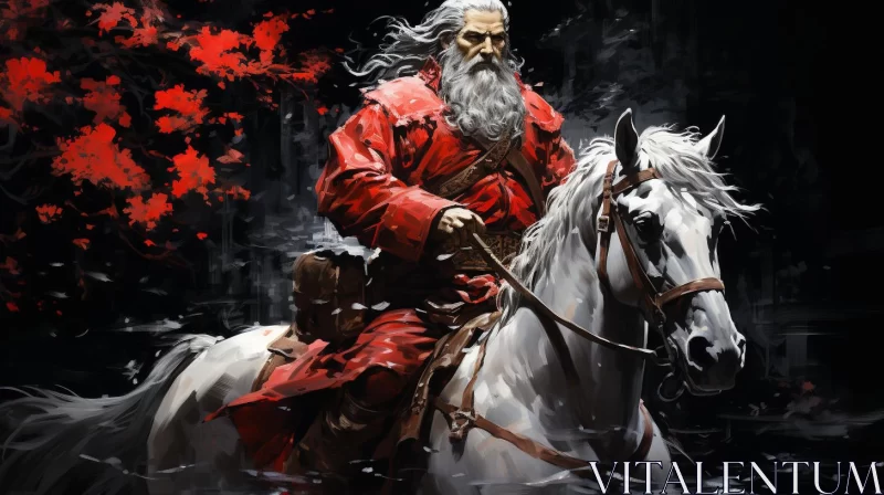 Man with Red Beard Riding White Horse - Traditional Concept Art AI Image