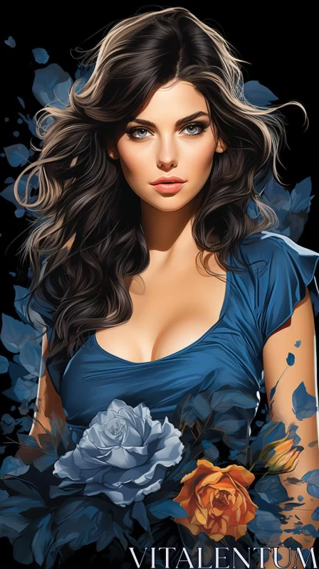 Blue Woman with Roses: A Romantic Illustration AI Image