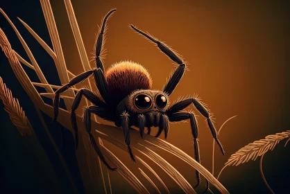 Dark Orange Spider on Grass - Surrealistic Cartoon Art