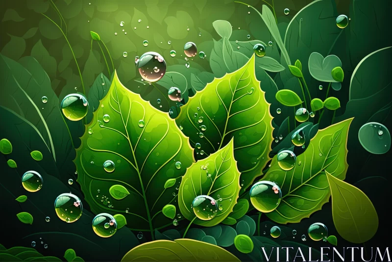 AI ART Enchanting Green Leaves with Water Droplets - Nature Morte Wallpaper