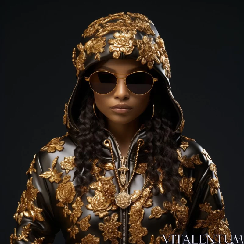 Gold Jacketed Woman with Sunglasses in Floral Craftcore Style AI Image