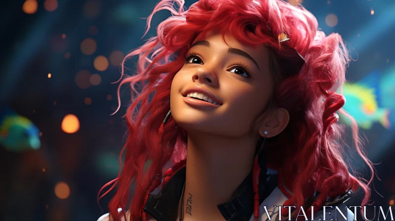 AI ART Joyful Red-haired Girl with Night Sky: Modern Animation Drawing