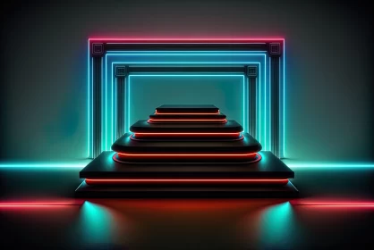 Neon Glow 3D Staircase in Turquoise and Red AI Image
