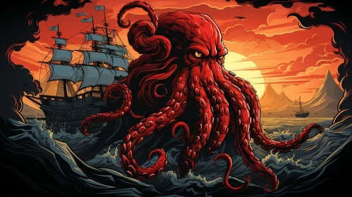 Apocalyptic Octopus and Ship Illustration AI Image