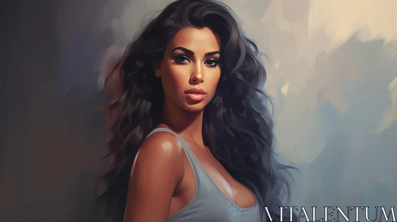 Beautiful Woman Painting in Dark Brown and Light Blue AI Image