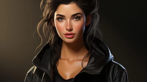 Bold and Luminous Portrait of a Woman in Black Leather Jacket AI Image